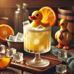 Fluffy Duck cocktail met een romige, lichtgele kleur, geserveerd in een hoog glas gevuld met ijsblokjes, gegarneerd met een schijfje sinaasappel, op een rustieke houten tafel met sinaasappelschijfjes en gemalen ijs.