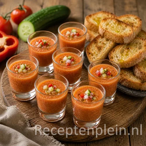 Gazpacho recept in borrelglaasjes op een rustieke houten tafel