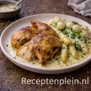 Gebraden Mechelse kip met asperges op rustieke houten tafel