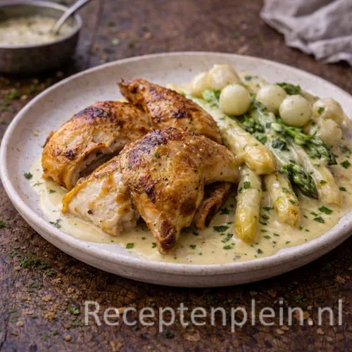 Gebraden Mechelse kip met asperges op rustieke houten tafel