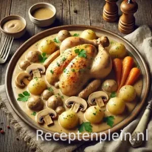 Hyperrealistische foodfoto van gekookte kip met romige Maarschalksaus op een ovale rustieke schaal, omringd door krielaardappelen, champignons en wortelen op een verweerde houten tafel, gefotografeerd in warm natuurlijk zijlicht met linnen servet, sauskom en vintage bestek.