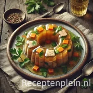 Hyper-realistische foodfoto van een ringvormige geleipudding van kip met stukjes kip, wortel en peterselie in heldere gouden aspic, gepresenteerd op een rustiek keramisch bord op een houten tafel. Rondom liggen takjes peterselie, een eenvoudige groene salade, een linnen doek en een vintage lepel in zacht natuurlijk daglicht met een nostalgische premium food magazine uitstraling.
