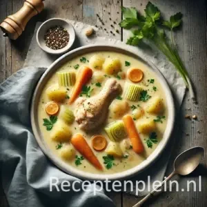 Hyperrealistische foodfoto van Gentse waterzooi met kip in een brede keramische kom op een rustieke houten tafel, romige stoof met kippenbout, wortelen, prei en aardappelen in glanzende saus, gefotografeerd in warm natuurlijk daglicht met linnen doek, peterselie en een lepel naast het bord.