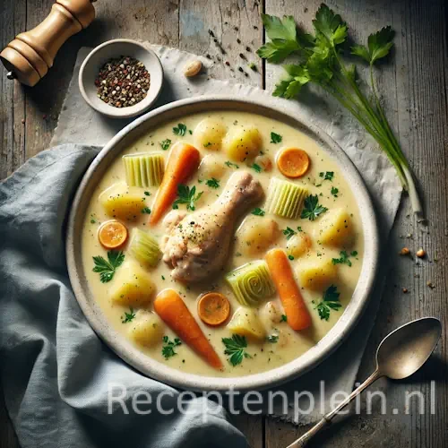 Hyperrealistische foodfoto van Gentse waterzooi met kip in een brede keramische kom op een rustieke houten tafel, romige stoof met kippenbout, wortelen, prei en aardappelen in glanzende saus, gefotografeerd in warm natuurlijk daglicht met linnen doek, peterselie en een lepel naast het bord.
