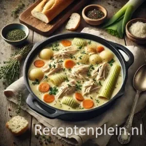 Hyperrealistische foodfoto van Gentse waterzooi in een zwarte gietijzeren pan op een rustieke houten tafel, romige kipstoof met wortelschijfjes, prei, krielaardappelen en verse tijm, gefotografeerd onder zacht natuurlijk daglicht met linnen doek, stokbrood en vintage lepel in beeld.