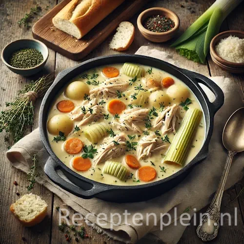 Hyperrealistische foodfoto van Gentse waterzooi in een zwarte gietijzeren pan op een rustieke houten tafel, romige kipstoof met wortelschijfjes, prei, krielaardappelen en verse tijm, gefotografeerd onder zacht natuurlijk daglicht met linnen doek, stokbrood en vintage lepel in beeld.