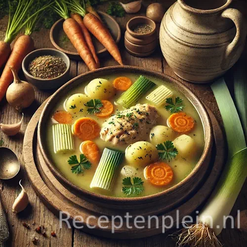 Natuurlijk ogende foodfoto van Gentse waterzooi met malse kip in een romige lichte bouillon met wortel, prei, selder en aardappel in een rustieke keramische kom op een warm bruine houten tafel met duidelijke houtstructuur, omringd door verse groenten, knoflook en kruiden in zacht diffuus daglicht zonder zichtbare tekst of etiketten.