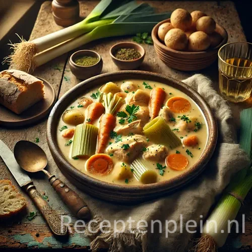 Hyperrealistische foodfoto van Gentse waterzooi in een rustieke keramische kom op een verweerde houten tafel, gevuld met romige kipstoof met wortelen, prei, aardappelen en verse peterselie, omringd door een stuk ambachtelijk brood, rauwe prei, een linnen doek en een glas witte wijn in warm natuurlijk zijlicht.