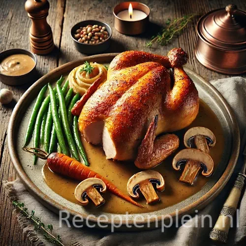 Hyperrealistische foodfoto van gevogeltesuprême op een rustieke keramische schaal met goudbruin gebraden kipfilet met vleugelbeentje, romige champignonsaus, groene boontjes, geglaceerde wortel en pommes duchesse, geplaatst op een verweerde houten tafel in warm natuurlijk licht met linnen servet en koperen sauspannetje op de achtergrond.