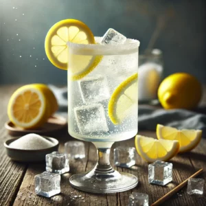Gin Fizz cocktail in een hoog glas gevuld met ijsblokjes, een lichte en bruisende uitstraling, gegarneerd met een dun schijfje citroen, op een rustieke houten tafel met citroenschijfjes, een schaaltje suiker en ijsblokjes.