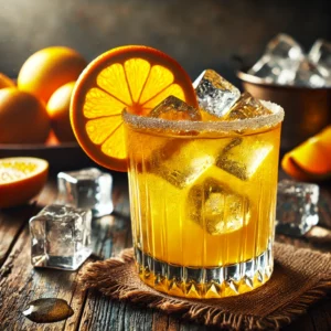 Golden Tang cocktail met een heldere goudgele kleur, geserveerd in een stijlvol glas gevuld met ijsblokjes, gegarneerd met een verse sinaasappelschijf, op een rustieke houten tafel met sinaasappelschijfjes en een schaaltje ijsblokjes.