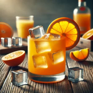 Harvey Wallbanger cocktail met een heldere oranje kleur, geserveerd in een hoog glas gevuld met ijsblokjes, gegarneerd met een schijfje sinaasappel, op een rustieke houten tafel met sinaasappelschijfjes en een schaaltje ijsblokjes.