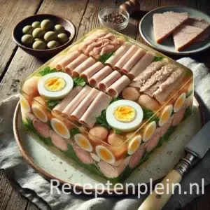 Hyper-realistische foodfoto van Hoendervorm, een klassieke kipterrine in heldere gelei met lagen kip, tong en plakjes hardgekookt ei, gepresenteerd op een keramisch bord op een rustieke houten tafel. Naast de terrine ligt een eenvoudige groene salade, een vintage mes en een linnen doek, vastgelegd in warm natuurlijk licht met een nostalgische premium food magazine uitstraling.