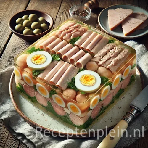 Hyper-realistische foodfoto van Hoendervorm, een klassieke kipterrine in heldere gelei met lagen kip, tong en plakjes hardgekookt ei, gepresenteerd op een keramisch bord op een rustieke houten tafel. Naast de terrine ligt een eenvoudige groene salade, een vintage mes en een linnen doek, vastgelegd in warm natuurlijk licht met een nostalgische premium food magazine uitstraling.