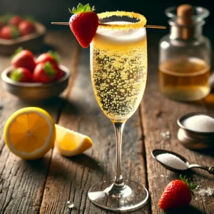 Imperial Fizz cocktail met een lichte gouden tint, geserveerd in een hoge champagneflûte, gegarneerd met een verse aardbei, op een rustieke houten tafel met citroenschijfjes en een schaaltje suiker.