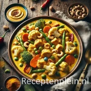 Hyper-realistische foodfoto van kerriegroenten met malse stukjes kip in een romige goudgele currysaus met bloemkool, wortel, sperziebonen en paprika, afgewerkt met geroosterde cashewnoten en amandelen. Het gerecht wordt geserveerd in een rustieke keramische kom op een houten tafel, met een lepel, linnen doek, schaaltjes kerriekruiden en losse noten in warm natuurlijk licht met een rijke premium food magazine uitstraling.