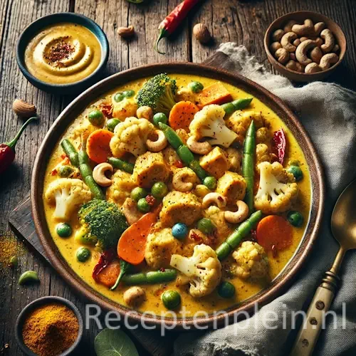 Hyper-realistische foodfoto van kerriegroenten met malse stukjes kip in een romige goudgele currysaus met bloemkool, wortel, sperziebonen en paprika, afgewerkt met geroosterde cashewnoten en amandelen. Het gerecht wordt geserveerd in een rustieke keramische kom op een houten tafel, met een lepel, linnen doek, schaaltjes kerriekruiden en losse noten in warm natuurlijk licht met een rijke premium food magazine uitstraling.