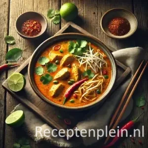 Kip met laksa op rustieke houten tafel
