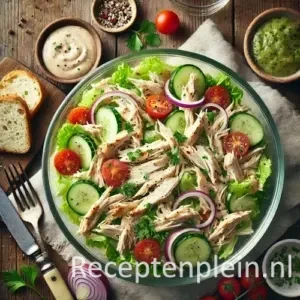 Hyperrealistische foodfoto van kippensla in een glazen kom op een rustieke houten tafel, met geraspte kip, sla, komkommer, kerstomaten en rode ui, gegarneerd met verse kruiden en geserveerd met brood, dressing en linnen servet in helder natuurlijk daglicht.