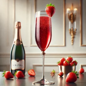 Kir Royal cocktail met een rijke robijnrode kleur, geserveerd in een hoge champagneflûte, gegarneerd met een verse aardbei, op een strakke bar met verspreide aardbeien en een fles champagne.