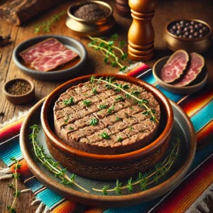 Een sfeervolle presentatie van een traditionele hazenpastei, geserveerd in een rustieke keramische schaal op een houten tafel. De pastei heeft een rijke, gelaagde textuur met zichtbare kruiden en vleeslagen, gegarneerd met verse tijm en marjolein. De setting is aangekleed met kleurrijke Mexicaanse textielpatronen, subtiele truffelschijfjes en warme sfeerverlichting. 🍂✨🌿