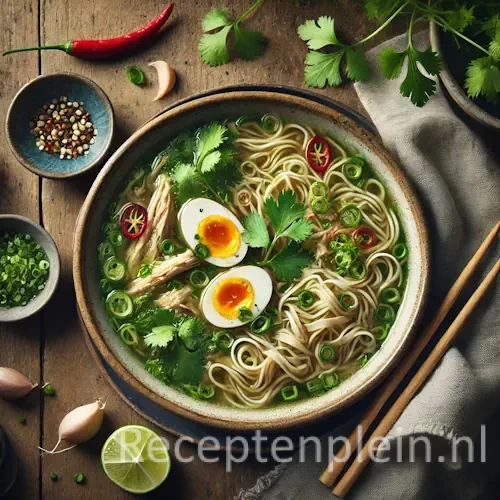 Hyper-realistische foodfoto van knoflook koriander kippen noedelsoep met heldere aromatische bouillon, malse stukjes kip, eiernoedels, plakjes knoflook en verse koriander. De soep wordt geserveerd in een rustieke keramische kom op een houten tafel, met rode chilipepers, partjes limoen, eetstokjes en een linnen doek in warm natuurlijk daglicht met een gezellige premium food magazine uitstraling.
