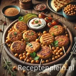 Hyperrealistische foodfoto van kruidige kikkererwten-kababs op houten spiesjes, goudbruin gegrild en geserveerd op een rustiek keramisch bord met yoghurttahinisaus, kikkererwten, platbrood en salade, geplaatst op een verweerde houten tafel in warm natuurlijk daglicht.