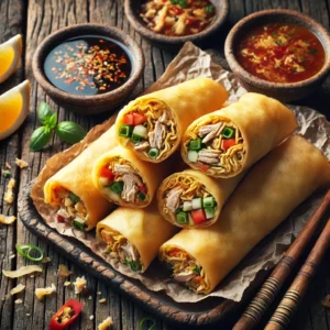 Een rustieke oude houten tafel met goudbruin gebakken loempia’s gevuld met kip, groenten en reepjes omelet. Enkele loempia’s zijn opengesneden om de kleurrijke vulling te laten zien. Ernaast staat een schaaltje dipsaus.