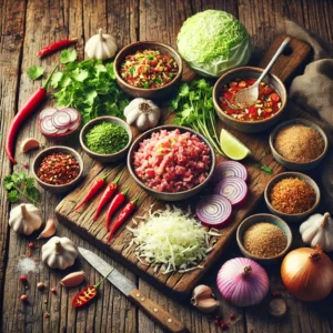 Een rustieke oude houten tafel met een kleurrijke selectie ingrediënten voor loempiavulling: gehakt, gehakte garnalen, witte kool, ui, knoflook, rode peper en verse kruiden. Alles is mooi gerangschikt in kommetjes en op een houten snijplank, klaar voor gebruik.