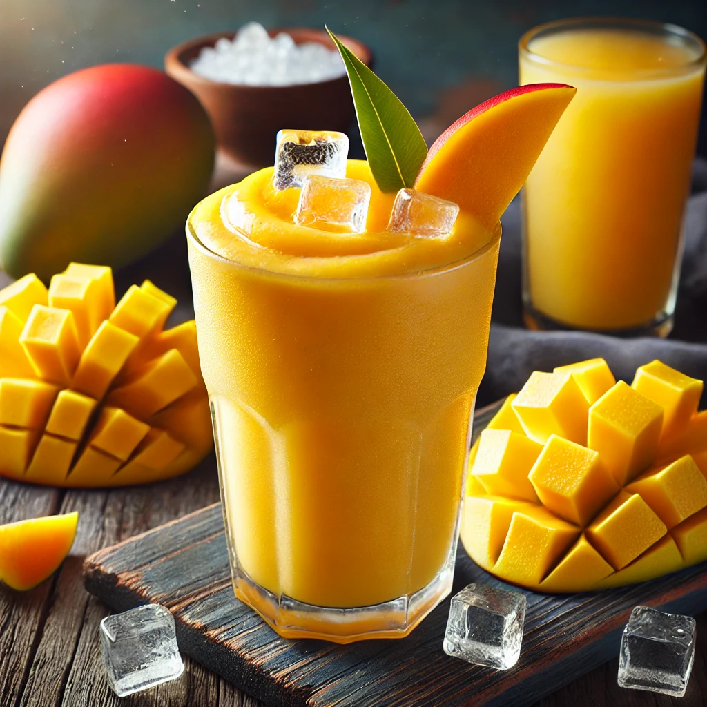 Mango Dibango mocktail met een romige goudgele textuur, geserveerd in een hoog glas, gegarneerd met een verse mangopart en een sinaasappelschijfje, op een rustieke houten tafel met verse mango- en sinaasappelstukjes en gemalen ijs.