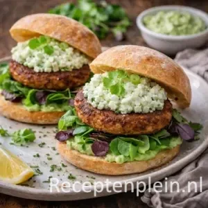 Mediterrane hamburger met ricotta en avocadodip op een rustieke houten tafel.