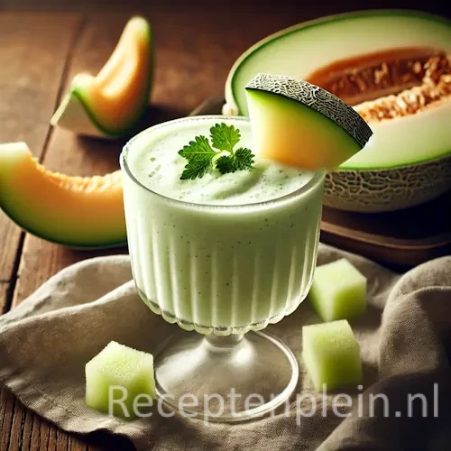 Melon mood mocktail op een rustieke houten tafel.