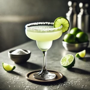 Mescalita cocktail met een lichtgroene tint, geserveerd in een klassiek Margarita-glas met een zoutrand en een schijfje limoen, op een strakke bar met verspreide limoenschijfjes en een schaaltje zout.