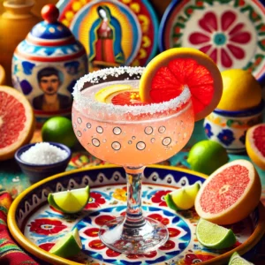Mexican Dog cocktail in een glas met een zoutrandje, gegarneerd met een citroenschijfje, geserveerd op een kleurrijk keramisch dienblad.