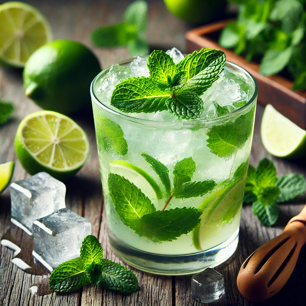 Mint Mind mocktail met een lichte groene tint, geserveerd in een hoog glas met gemalen ijs, gekneusde muntblaadjes en een limoenschijfje, gegarneerd met een verse munttak, op een rustieke houten tafel met munt en limoenschijfjes.