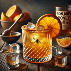 My Honey cocktail met een rijke gouden-oranje kleur, geserveerd in een stijlvol glas gevuld met ijsblokjes, gegarneerd met een schijfje sinaasappel, op een rustieke houten tafel met sinaasappelschijfjes en een schaaltje ijsblokjes.