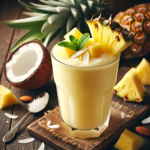 Paradise mocktail met een romige lichtgele textuur, geserveerd in een hoog glas, gegarneerd met een verse ananasschijf, op een rustieke houten tafel met ananasstukjes, kokosdelen en een rietje.