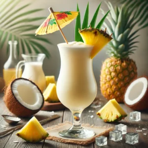 Piña Colada cocktail met een romige lichtgele textuur, geserveerd in een hoog glas, gegarneerd met een ananaspartje en een decoratief cocktailparapluutje in de vorm van een palmboom, op een houten tafel met verse ananas- en kokosstukjes en ijsblokjes.