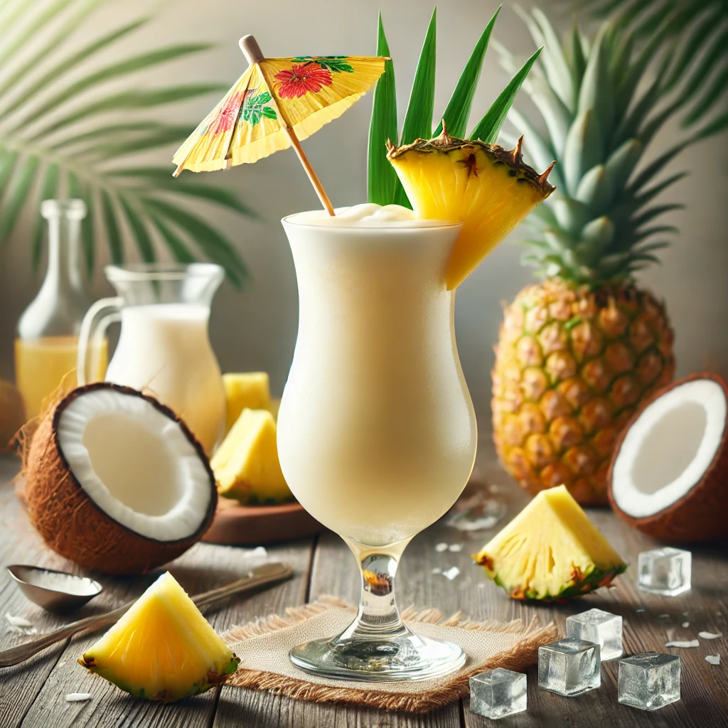 Piña Colada cocktail met een romige lichtgele textuur, geserveerd in een hoog glas, gegarneerd met een ananaspartje en een decoratief cocktailparapluutje in de vorm van een palmboom, op een houten tafel met verse ananas- en kokosstukjes en ijsblokjes.