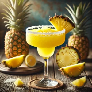 Pineapple Margarita met een heldergele kleur, geserveerd in een klassiek Margarita-glas met een suikerrandje en een ananaspartje, op een rustieke houten tafel met verse ananas- en citroenpartjes.