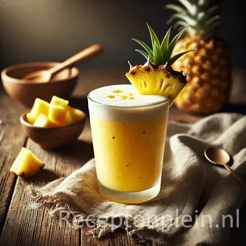Pineapple passion mocktail op een rustieke houten tafel.