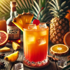 Planters Punch cocktail met een levendig oranje-rode kleur, geserveerd in een hoog glas gevuld met ijs, gegarneerd met een ananaspartje en een maraschinokers, op een houten tafel met tropische decoraties zoals ananas- en sinaasappelpartjes.