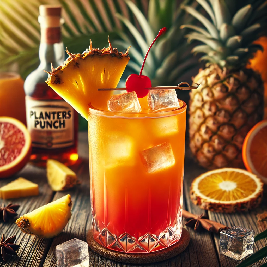 Planters Punch cocktail met een levendig oranje-rode kleur, geserveerd in een hoog glas gevuld met ijs, gegarneerd met een ananaspartje en een maraschinokers, op een houten tafel met tropische decoraties zoals ananas- en sinaasappelpartjes.