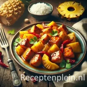 Hyper-realistische foodfoto van goudbruin gegrilde kipblokjes in een glanzende zoetzure saus met stukjes ananas en rode paprika, afgewerkt met verse koriander. Het gerecht wordt geserveerd op een rustiek keramisch bord op een houten tafel, met een schaaltje witte rijst, een halve ananas op de achtergrond, een linnen doek en een vork in warm natuurlijk zonlicht met een tropische premium food magazine uitstraling.