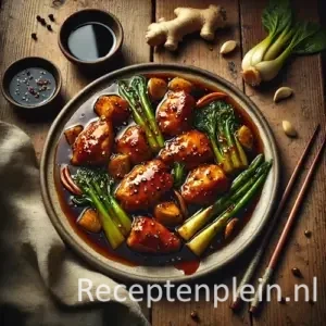Poulet a l’Empereur met sojasaus, kip en paksoi op rustieke houten tafel.