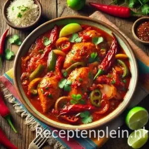 Hyperrealistische foodfoto van Poulet à la Mexicaine in een rustieke keramische schaal op een houten tafel, pittige kip in rijke tomaten-pepersaus met rode en groene paprika, ui en chilipepers, gegarneerd met koriander en limoenpartjes, omringd door rijst, verse pepers en een kleurrijke linnen doek in warm natuurlijk licht.