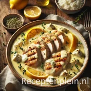 Hyperrealistische foodfoto van romige citroenkip met witte kaas in een rustieke keramische schaal op een houten tafel, gegrilde kipfilet in romige citroensaus met fetablokjes en tijm, gegarneerd met citroenschijfjes en omringd door rijst, halve citroen en linnen doek in warm natuurlijk daglicht.