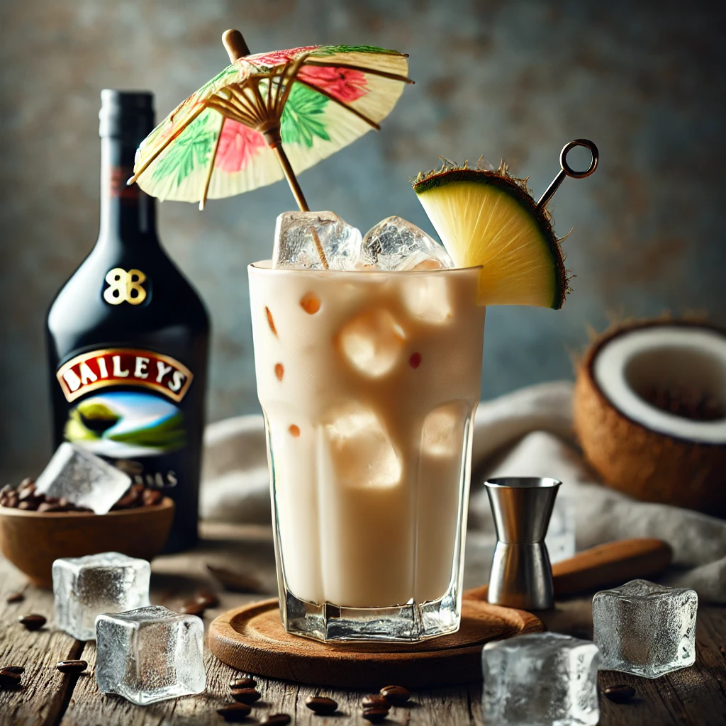 Ron Collins cocktail met een licht beige kleur, geserveerd in een hoog glas gevuld met ijsblokjes, gegarneerd met een kleurrijk cocktailparapluutje, op een rustieke houten tafel met ijsblokjes en een schaaltje koffiebonen.