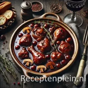 Hyper-realistische foodfoto van Salmis des Bernardins met malse stukken gevogelte in een diepe donkerrode wijnsaus met pareluitjes en champignons, geserveerd in een rustieke keramische ovenschaal op een houten tafel. Het gerecht is afgewerkt met verse tijm en omringd door stokbrood, een glas rode wijn zonder etiket, een linnen doek en vintage bestek in warm sfeervol avondlicht met een elegante Franse landelijke premium food magazine uitstraling.
