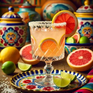 Salty Dog cocktail in een glas met een zoutrand, gegarneerd met een citroenschijfje, gepresenteerd op een kleurrijk keramisch dienblad met partjes grapefruit en zoutkorrels.